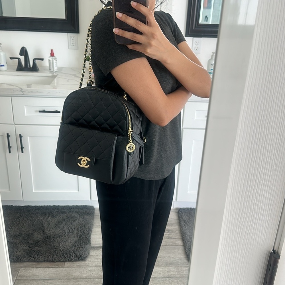 Designer Black Quilted Backpack with Gold Details